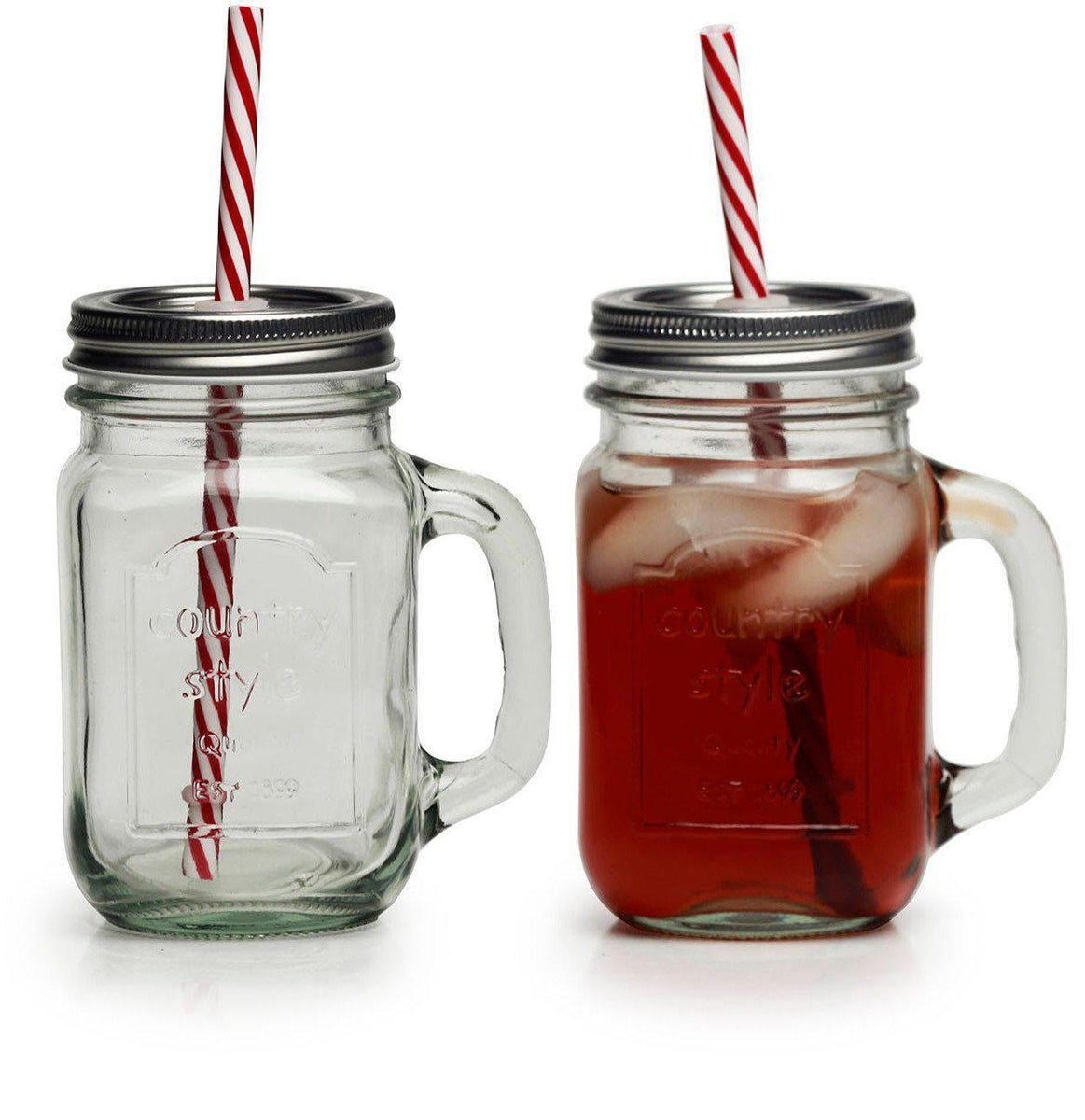 Glass Mason Jar Mug with Handle, Metal Lid and Straws
