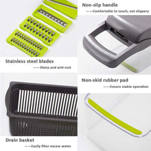 Load image into Gallery viewer, 2019 New High Quality German Blades Multi Function Vegetable Cutter &amp; Mandoline Slicer Adjustable 301 Stainless Steel Blades Onion Fruits Fries Tomato Cucumber Cheese Potato Fry Carrot Veggie Machine | Best Quality Mandoline Shredder| Vegetable Chopper Grater Salad Potato Chip Maker | Thin Thick Coarse Wave Strips Cut Buy Online